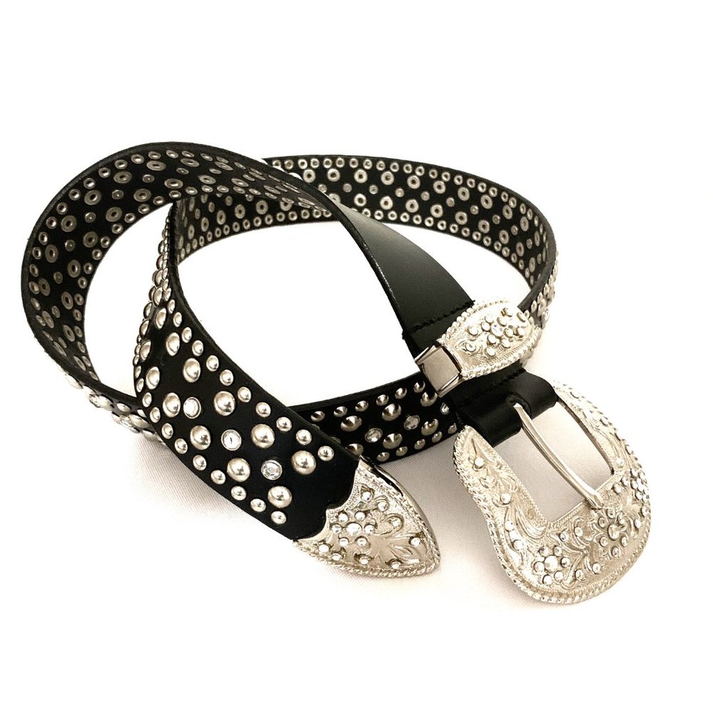 Black Genuine Leather Heavy Studded Crystal Belt M